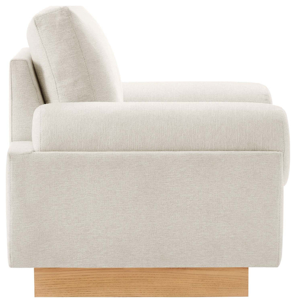 Modern Fabric Armchair with Wooden Plinth Base, Bolster Chair, Ivory