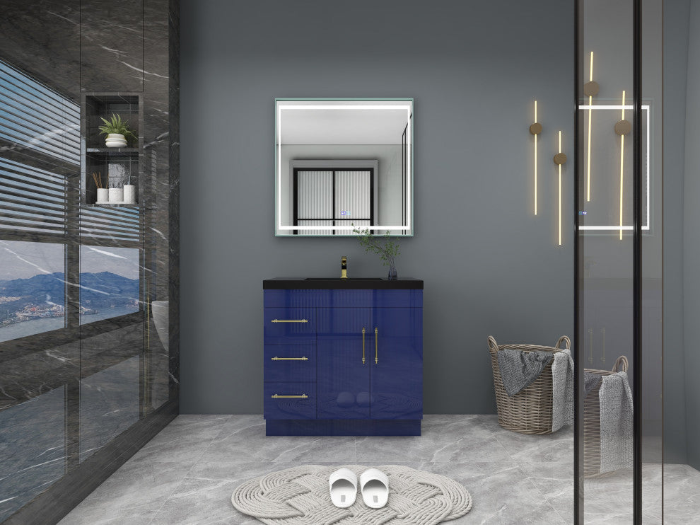 Rosa 36" Free Standing Modern Vanity, High Gloss Night Blue, Matt Black Top
