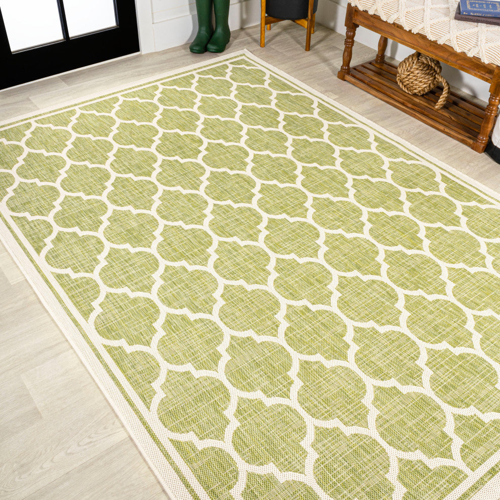 Trebol Moroccan Trellis Textured Weave Indoor/Outdoor, Green/Cream, 5 X 8
