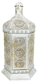 Distressed White and Gold Moroccan Floral Cut-Out Pillar Candle Lantern