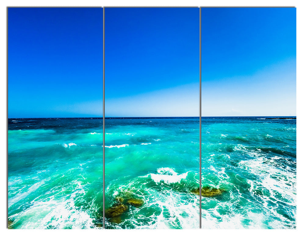 Seashore with Clear Water and Sky, Modern Seashore Canvas Art, 36x28, 3 Panels