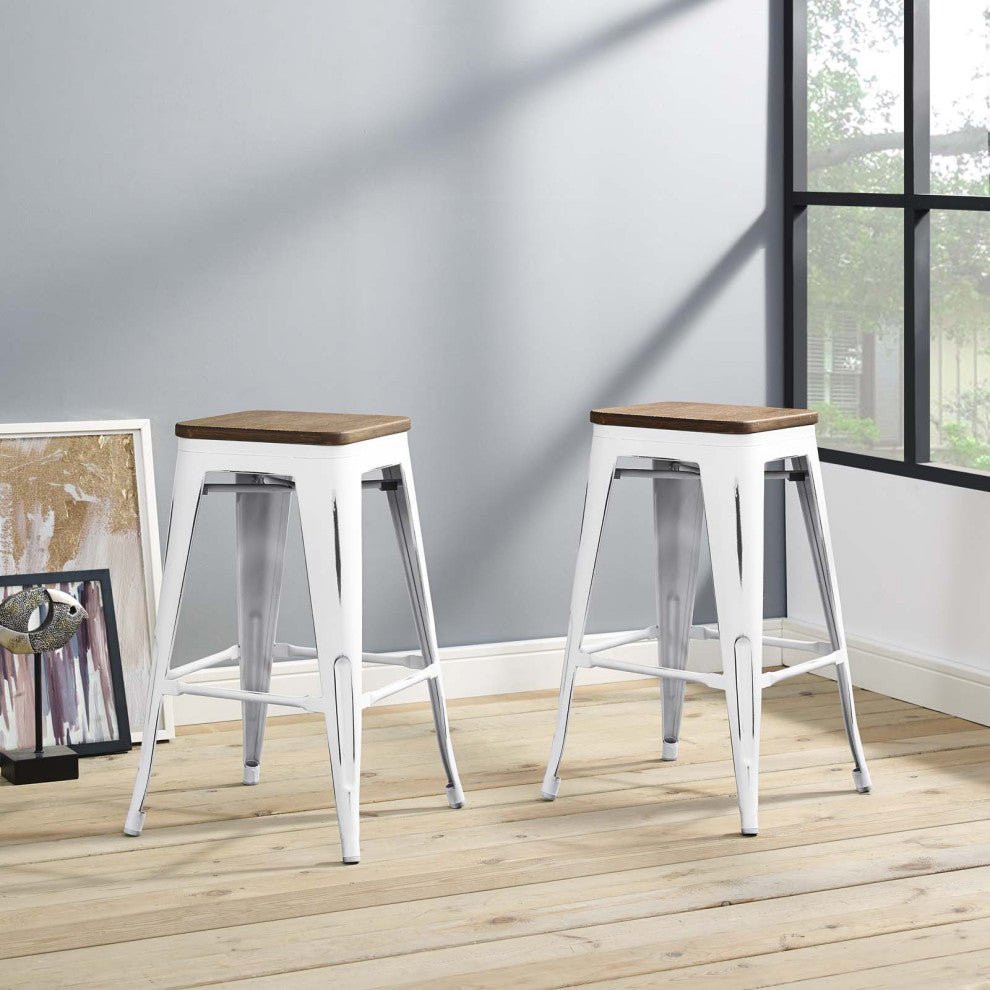 Counter Stool Chair, Set of 2, Wood, Metal, White, Modern, Bar Pub Restaurant