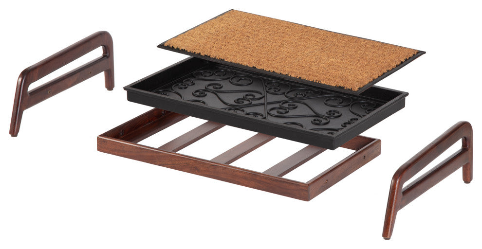 Single-Tier Brown Stand With 2-Pair Rubber Boot Tray Smoked Oak