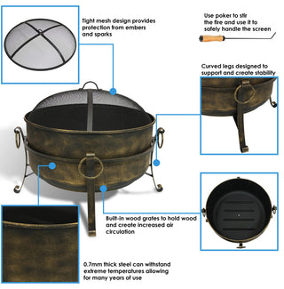 Sunnydaze Large Black Steel Cauldron Outdoor Fire Pit With Spark Screen, 34"