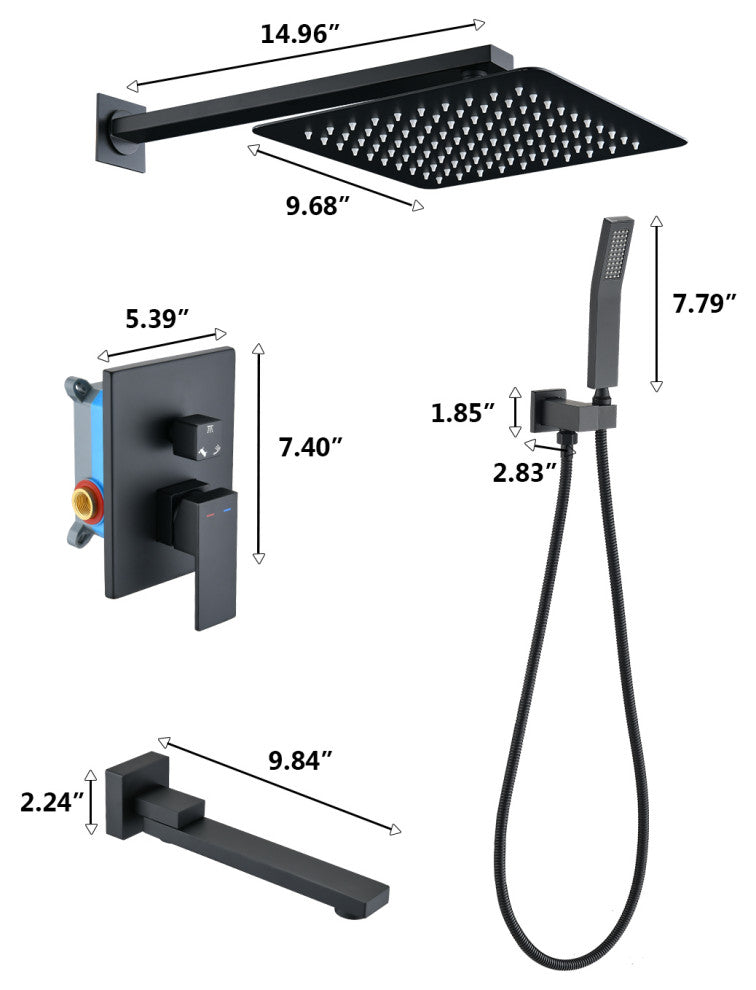 Two-handle wall-mounted tub and shower faucet with hand shower head with valve, Matte Black