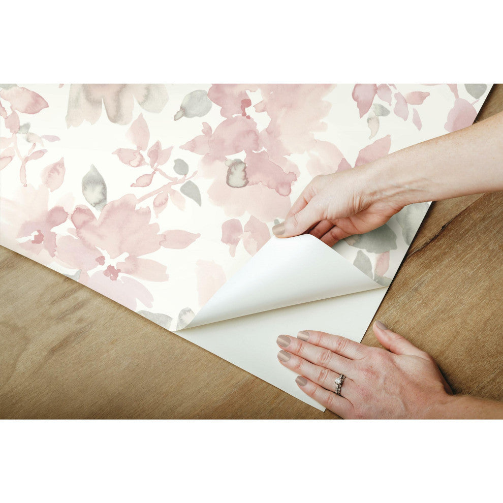 Watercolor Floral Peel and Stick Wallpaper, Pink and Green