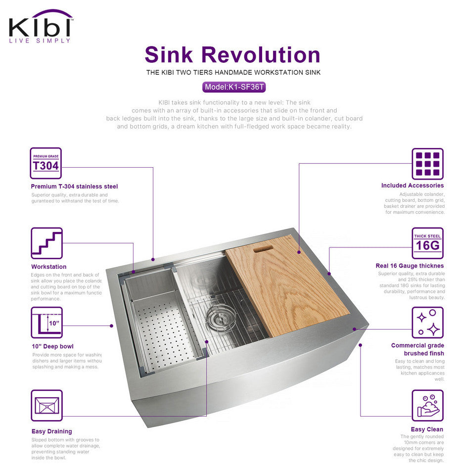 KIBI Farmhouse Apron Single Bowl Stainless Steel Workstation Kitchen Sink, 36"