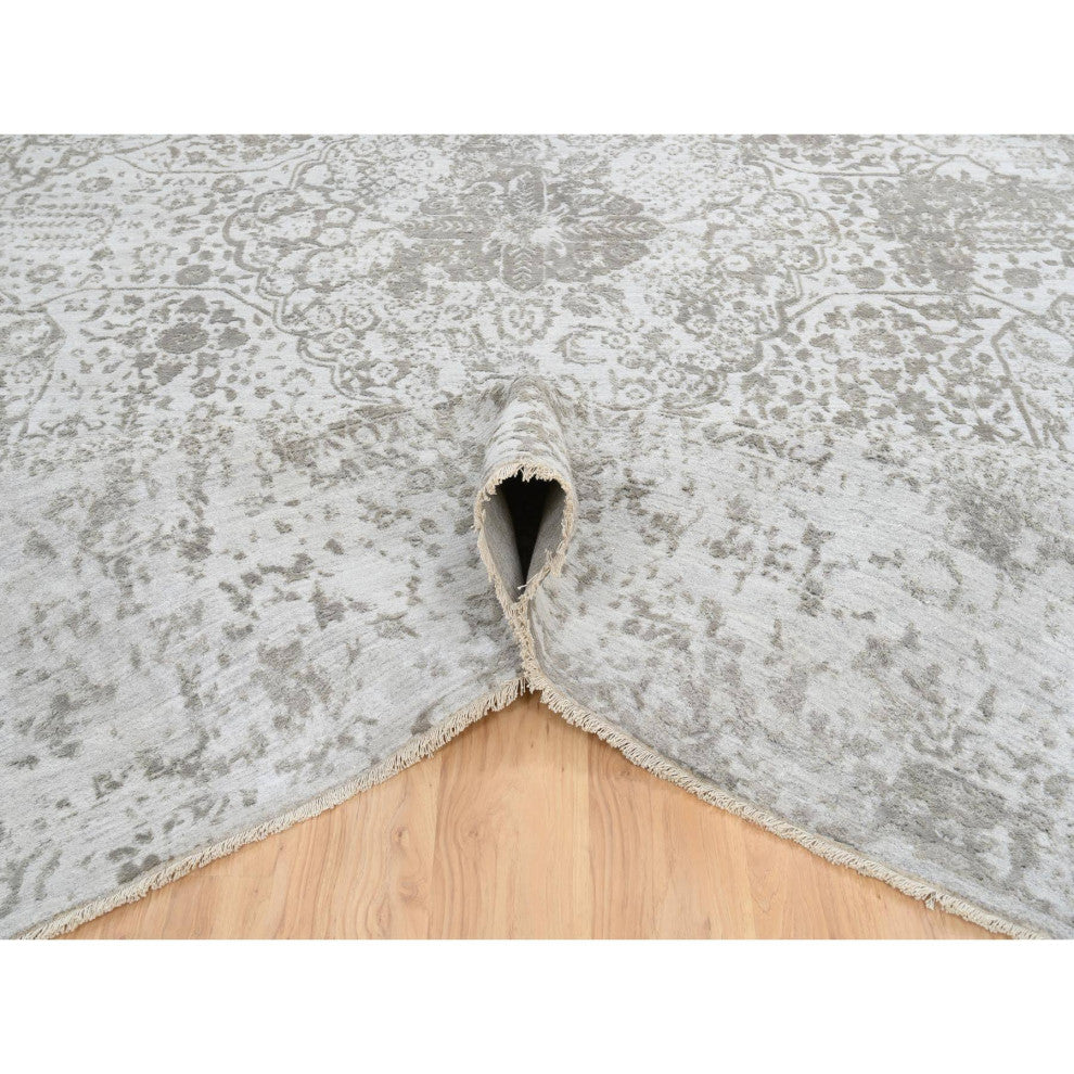 Gray Broken Persian Design Hand Knotted Wool and Silk Oversized Rug, 11'9"x15'