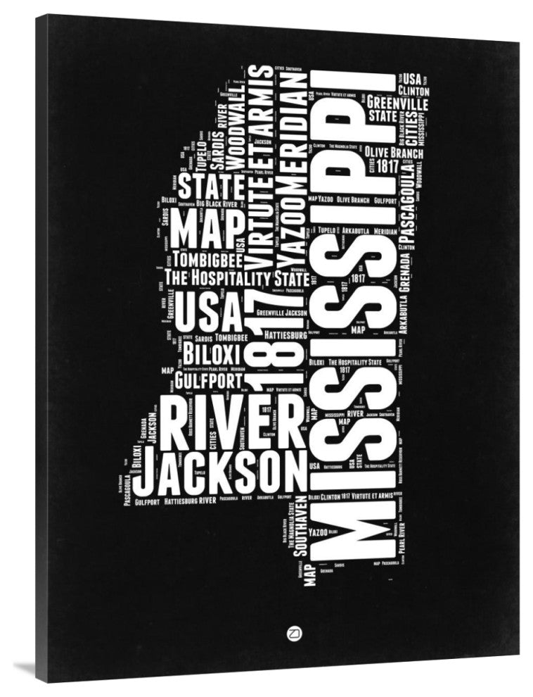 "Mississippi Black and White Map" Fine Art Print