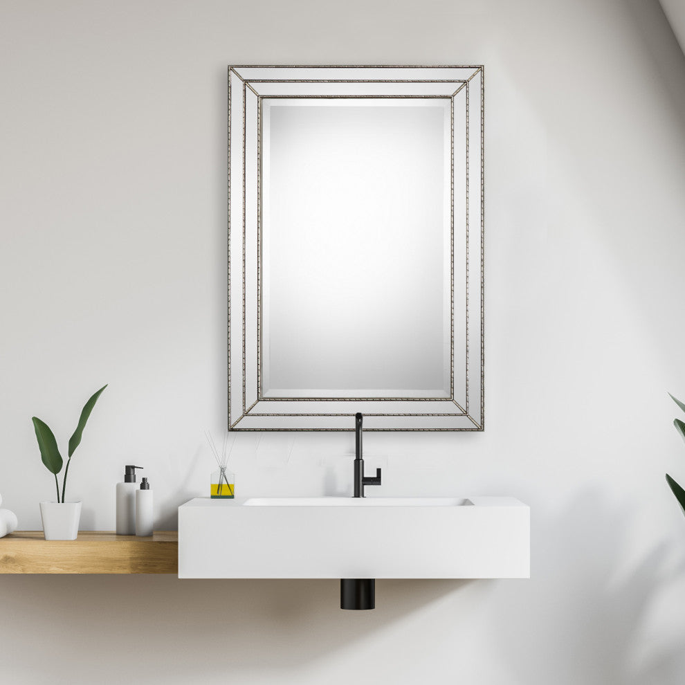 Metallic Silver Finish Featuring Grooved Texture And Mirror Inlays. Mirror