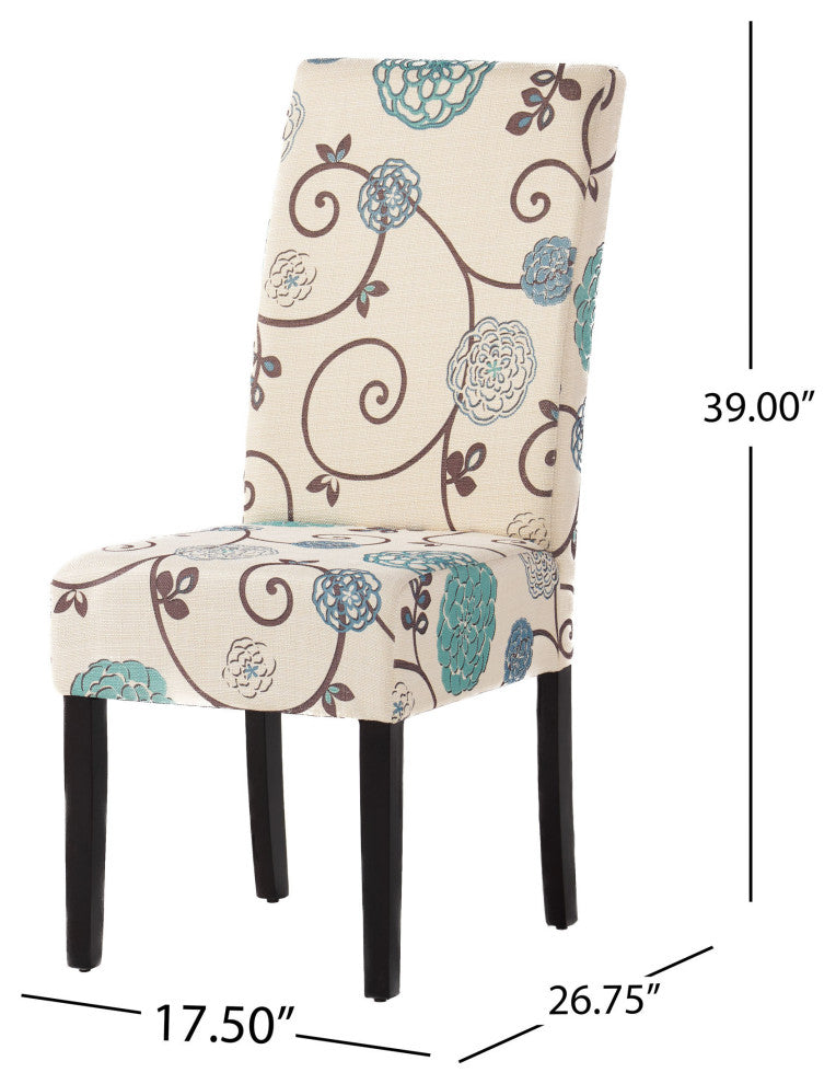 GDF Studio Percival White and Blue Floral Fabric Dining Chairs, Set of 2, White and Blue Floral, Fabric