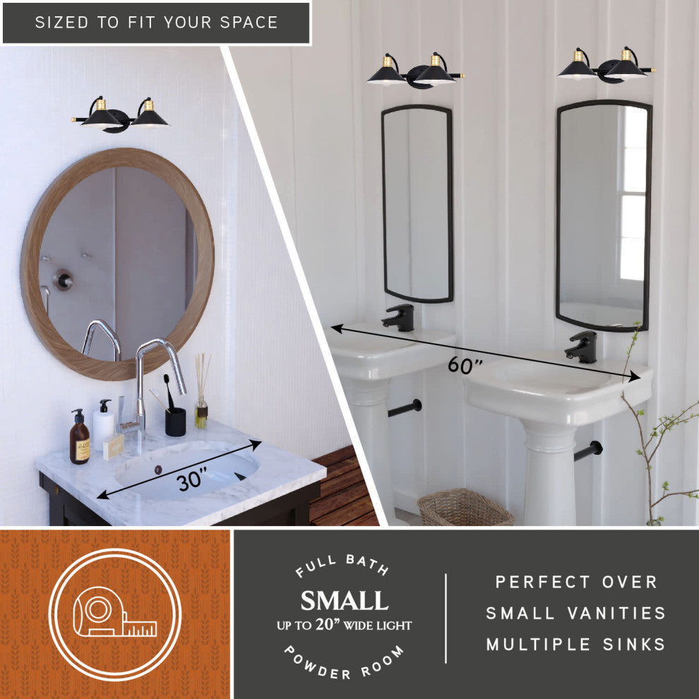 Akron 2 Light Vanity Matte Black and Natural Brass with Matte White