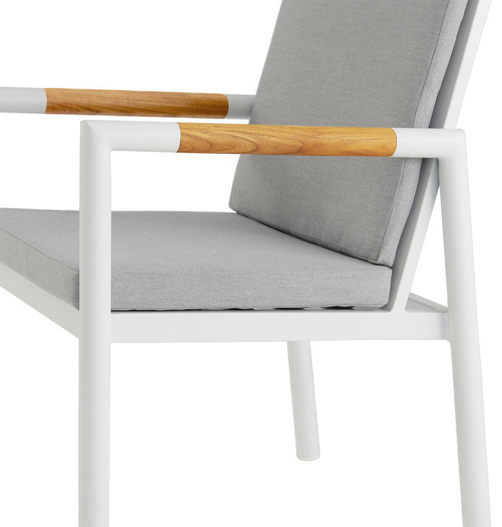 Crown 7-Piece White Aluminum and Teak Outdoor Dining Set With Light Gray Fabric