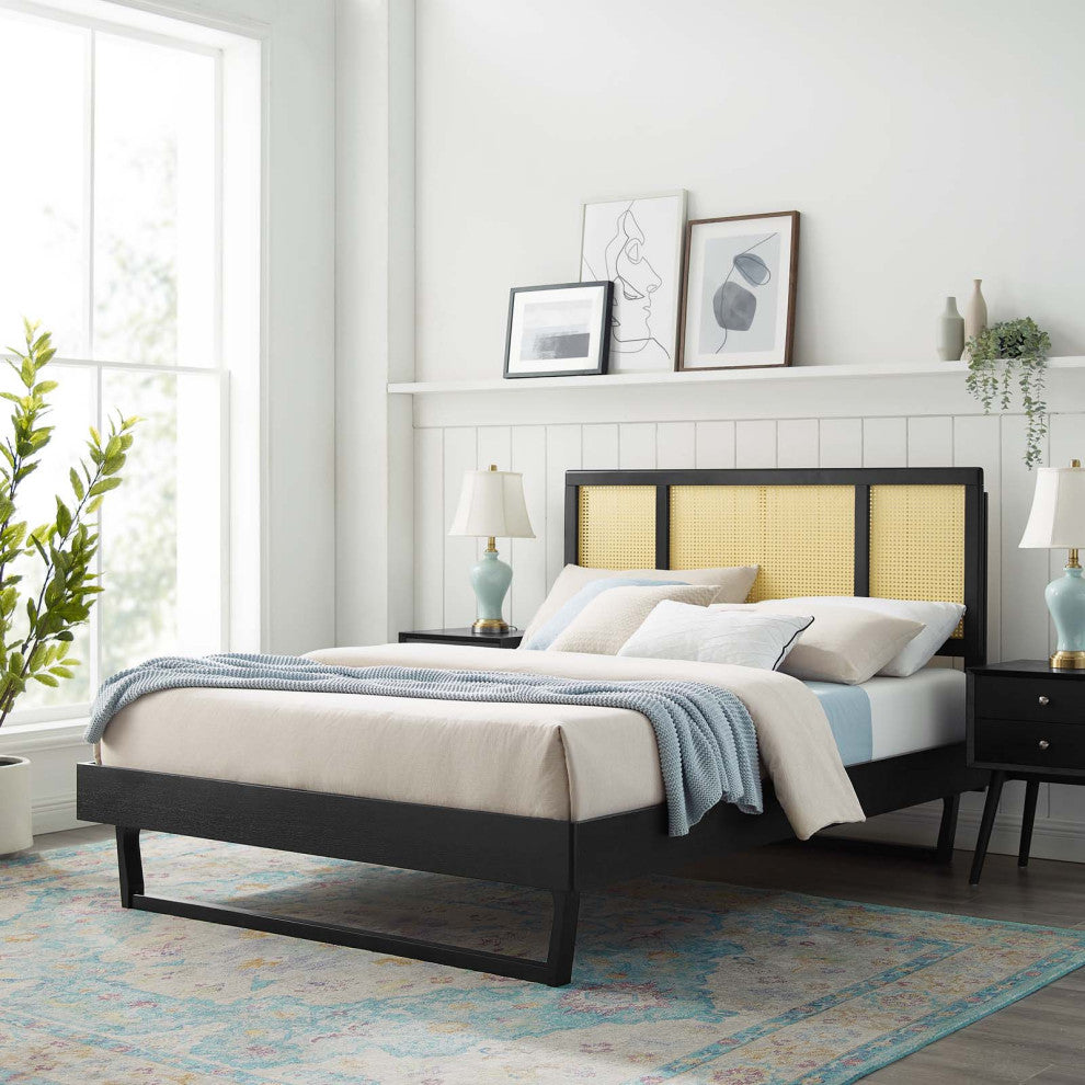 Platform Bed Frame, Full Size, Wood, Black, Modern Mid-Century, Bedroom Master