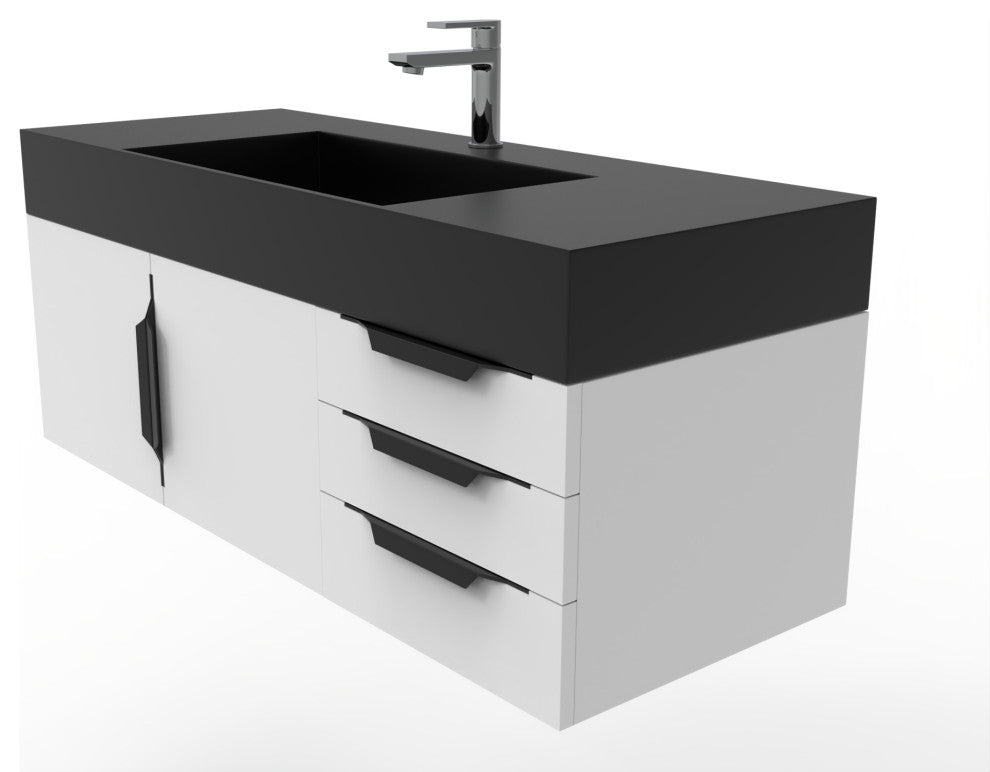 CastelloUSA Amazon 48" Wall Mounted Vanity Set, White, Black Top, Black Handles