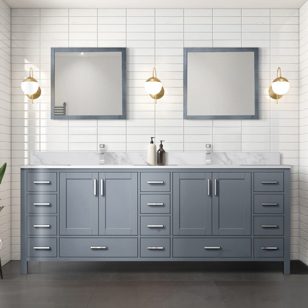 Jacques 84" Dark Gray Double Vanity Carrara Marble Top Sinks, 34" Wall Mirrors