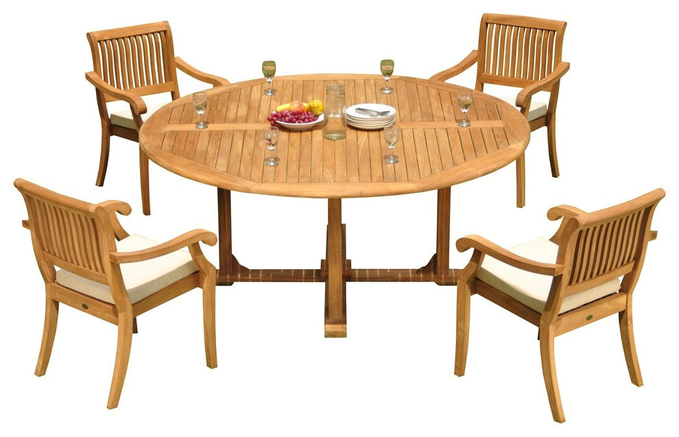 5-Piece Outdoor Teak Dining Set, 72" Round Table, 4 Arbor Stacking Arm Chairs