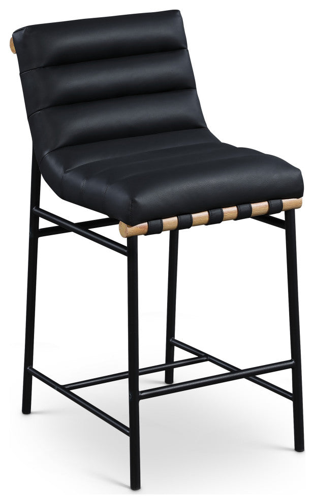 Burke Counter Stool, Black, Vegan Leather, White Oak Veneer Metal Dowel