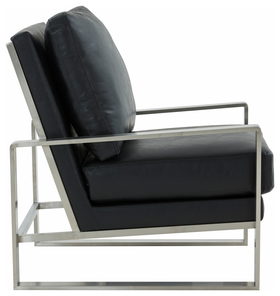 LeisureMod Jefferson Arm Chairs With Silver Frame and Coffee Table, Black
