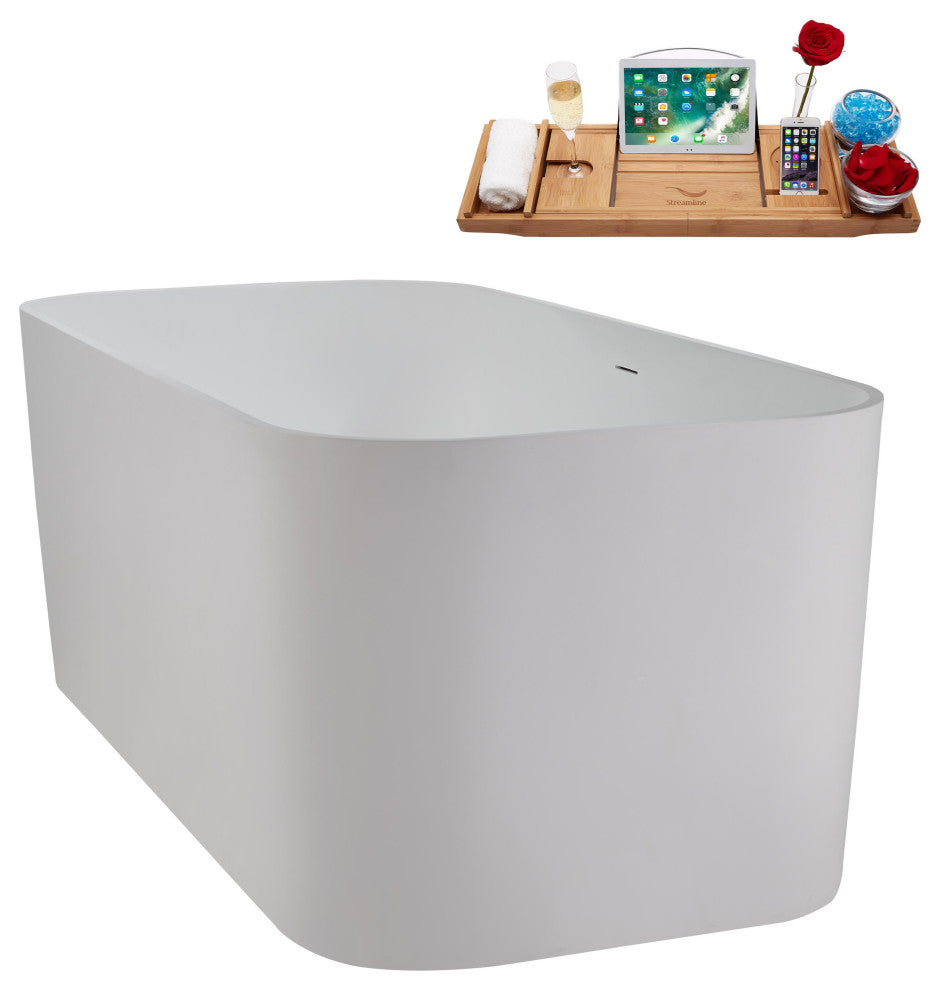 59" Streamline NS5780CH Matte White Stone Resin Bathtub, Tray With Chrome Drain