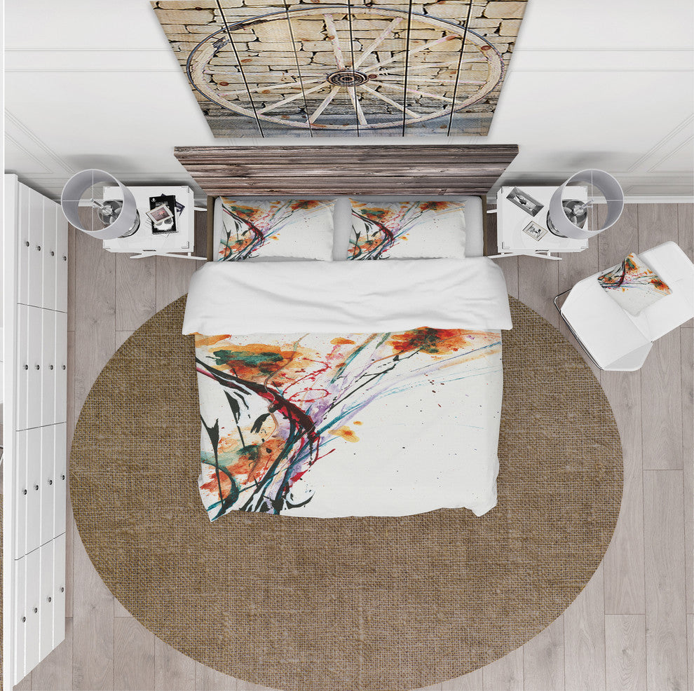 Abstract Handpainted Orange Flowers Duvet Cover Set, Twin