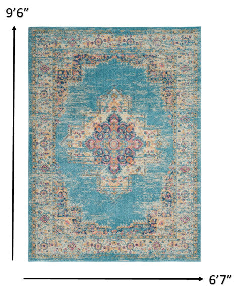 7' X 10' Blue and Ivory Medallion Power Loom Distressed Area Rug