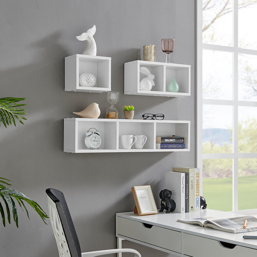 Danya B. Bauhaus Floating Geometric Cubby Wall Shelves Set of 3 Sizes, White