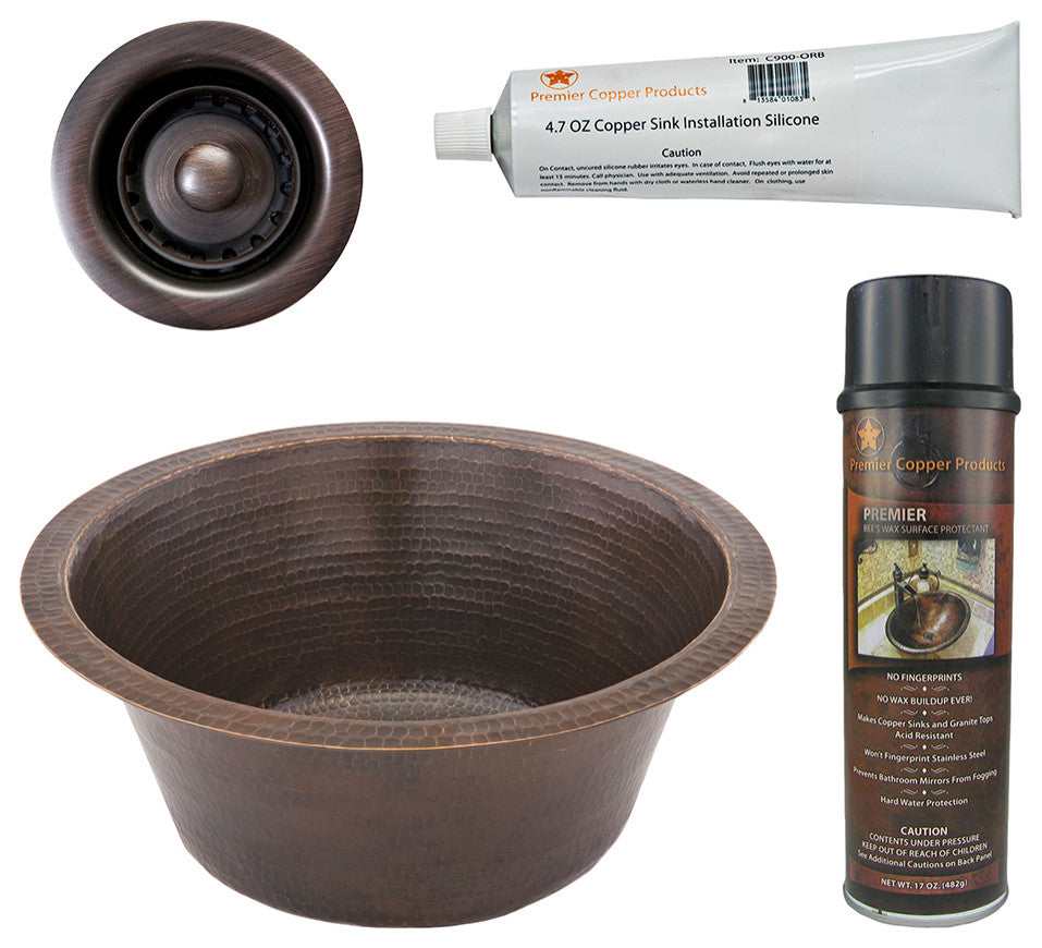 16" Round Hammered Copper Bar Sink, 2" Drain Opening, Drain & Accessories