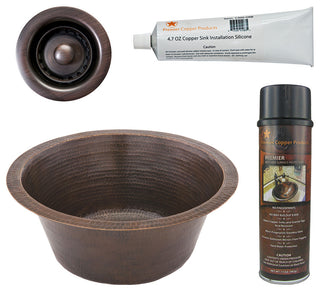 16" Round Hammered Copper Bar Sink, 2" Drain Opening, Drain & Accessories