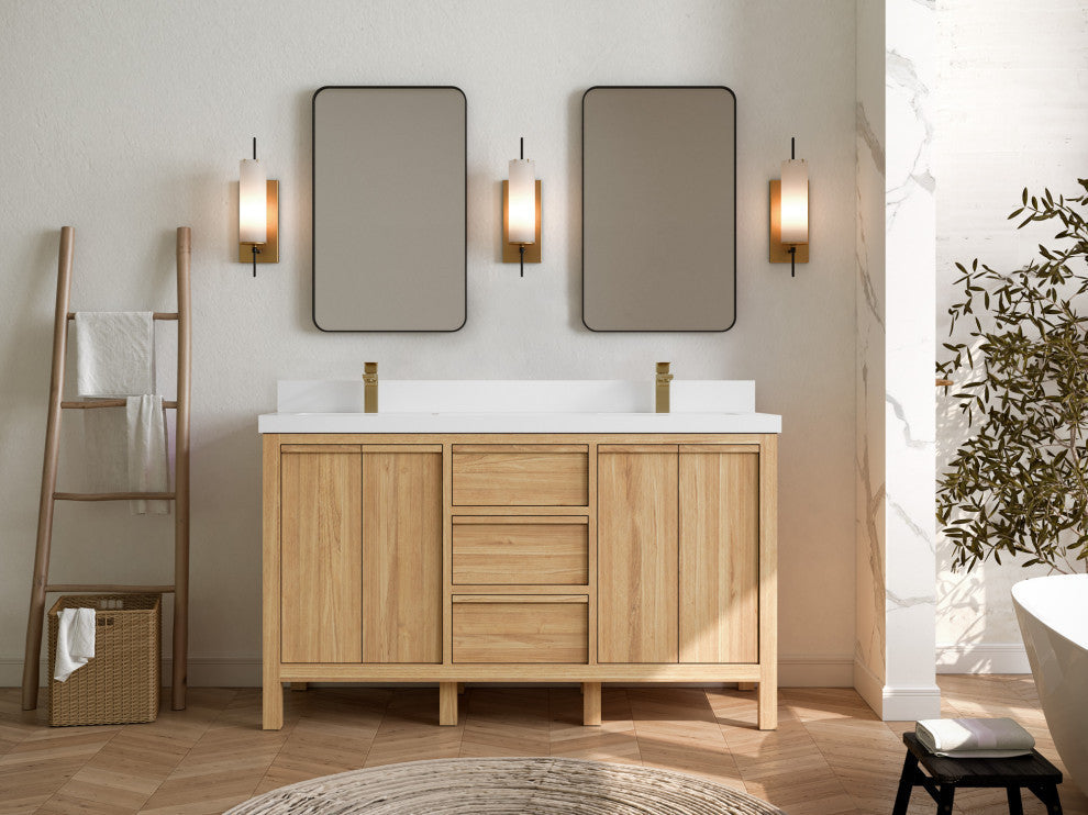 Elizabeth 60 Double Bathroom Vanity in Light Natural Teak 2" White Quartz