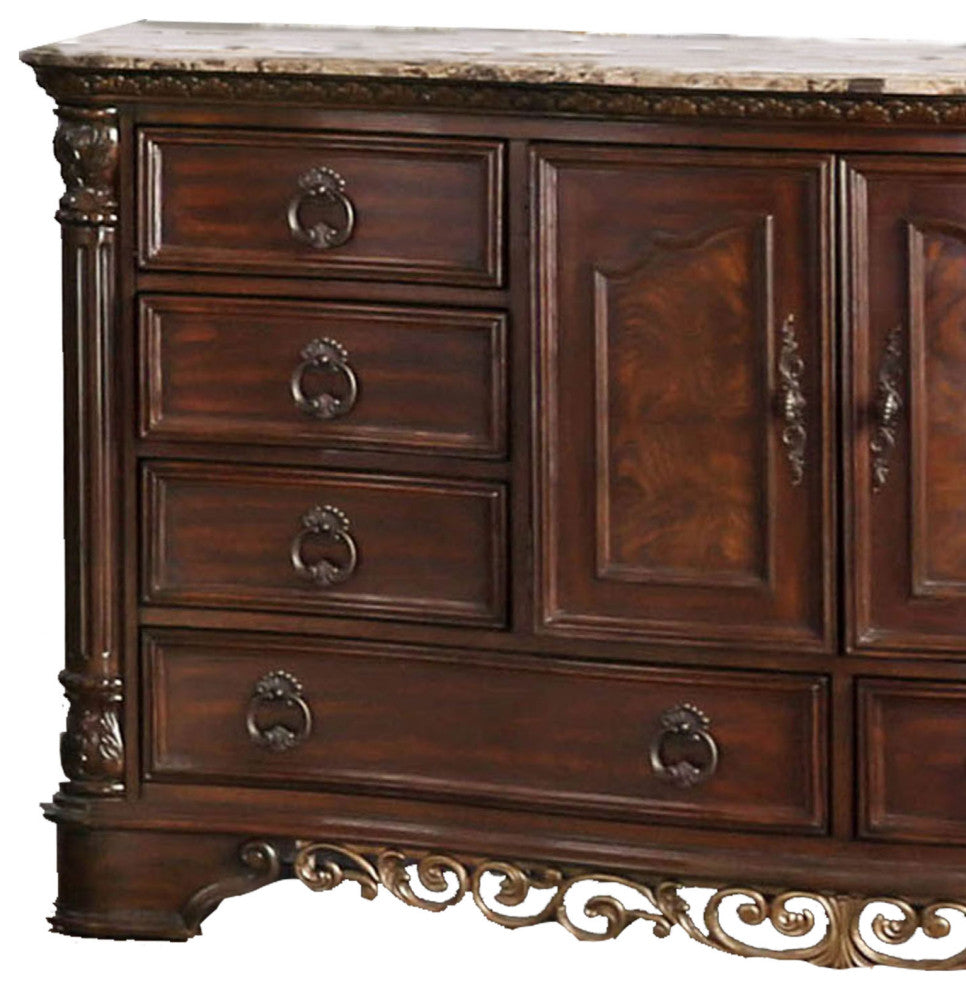 8 Drawer Wooden Dresser with 2 Door Cabinet and Marble Top, Brown
