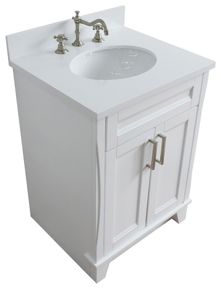 25" Single Sink Vanity, White Finish With Engineered Stone Top And Oval Sink