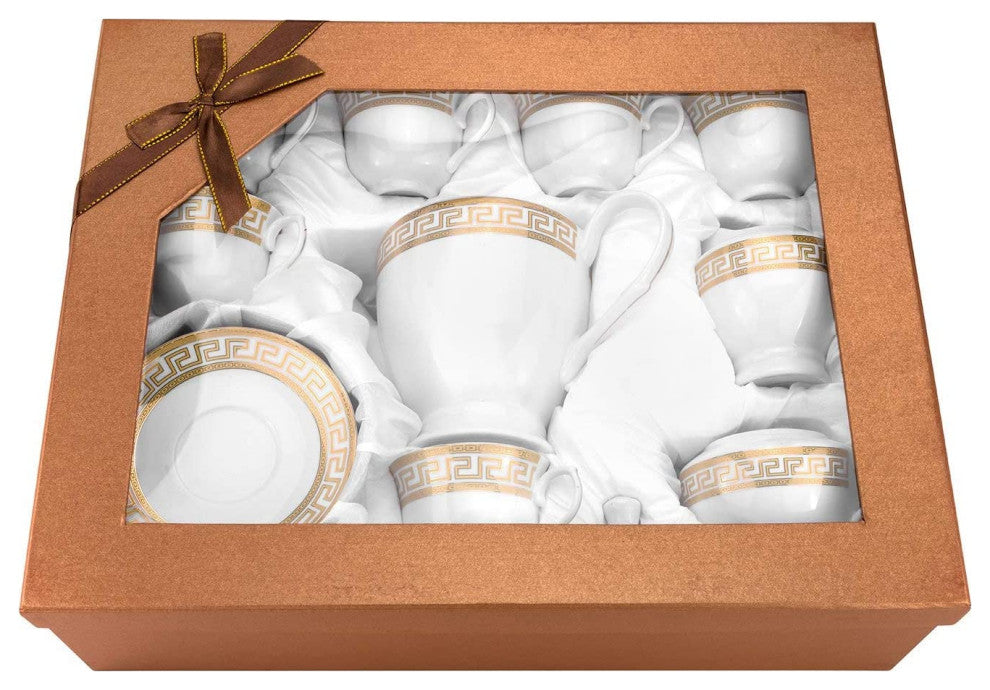 Royalty Porcelain 17-pc Tea Set Greek Key for 6, Fine Porcelain (Gold)