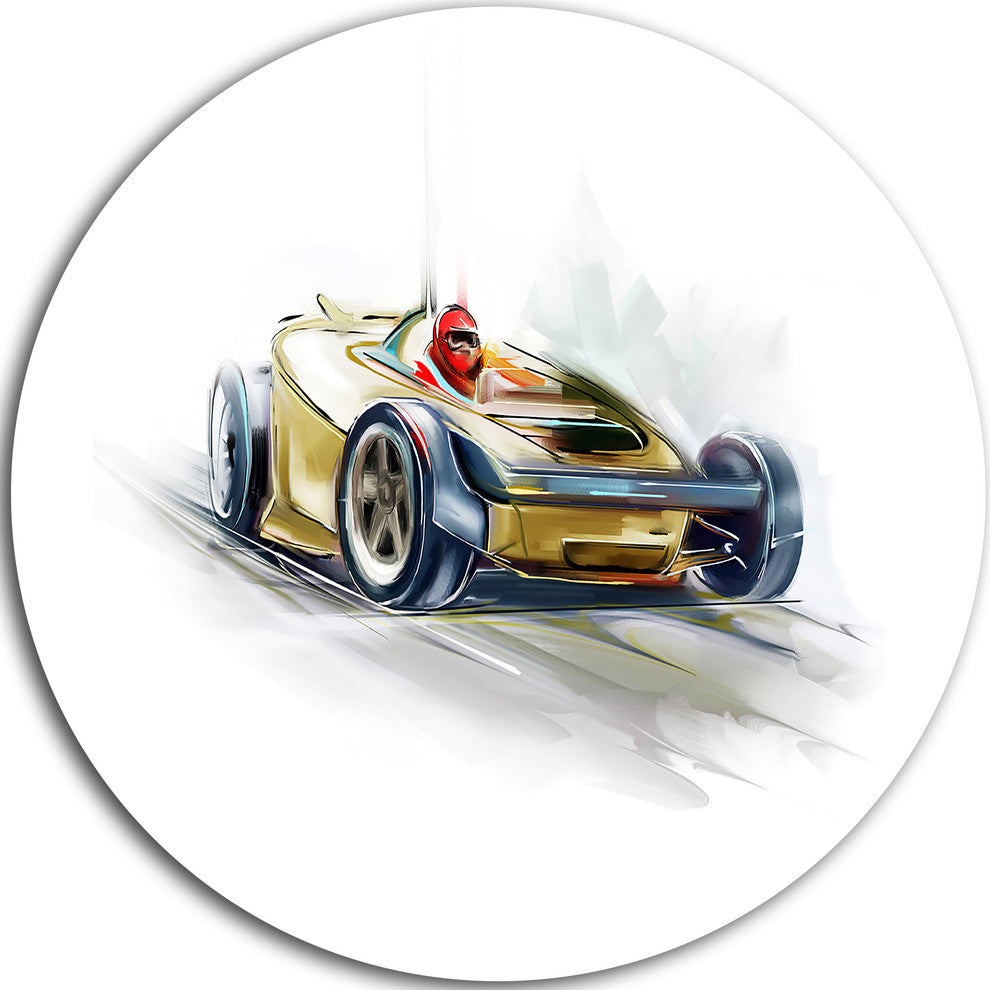 Yellow Formula One Car, Digital Art Car Large Disc Metal Wall Art, 23"