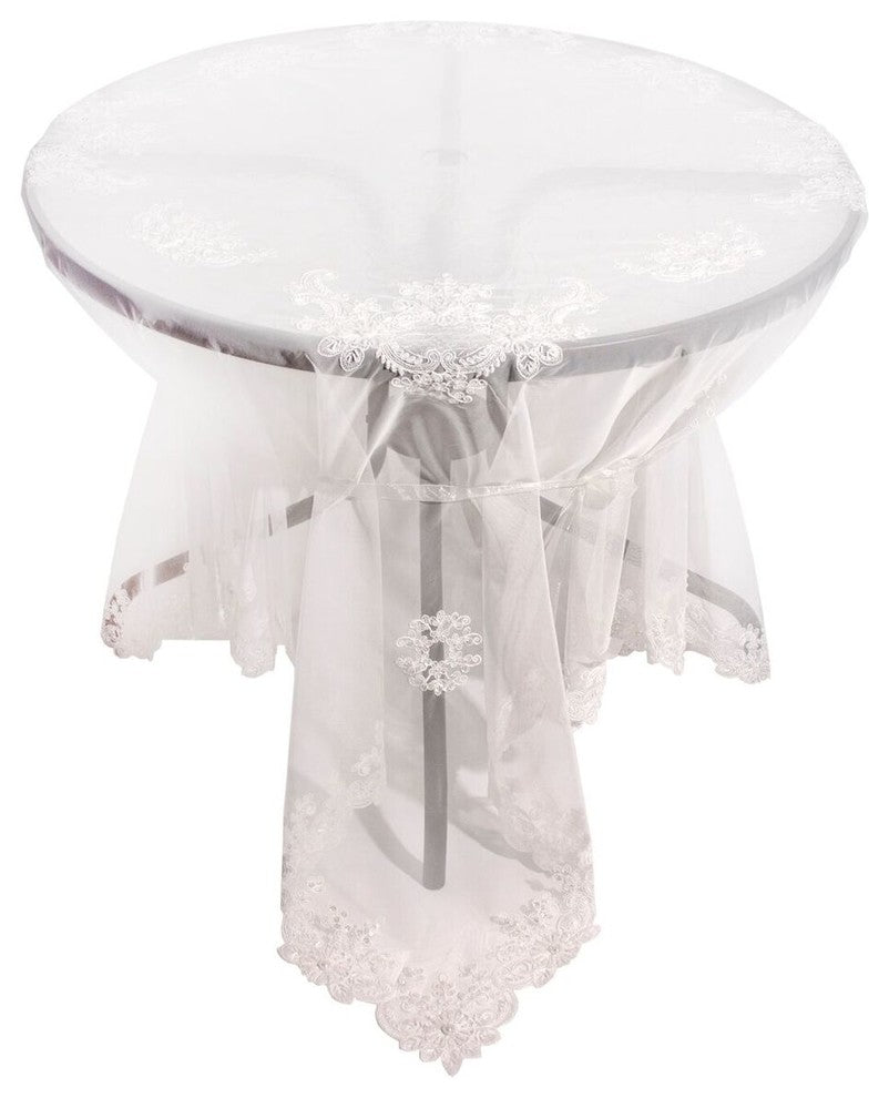 Delicate Daisies Lace Embroidered Tablecloth With Beaded Accents, 80"x80"
