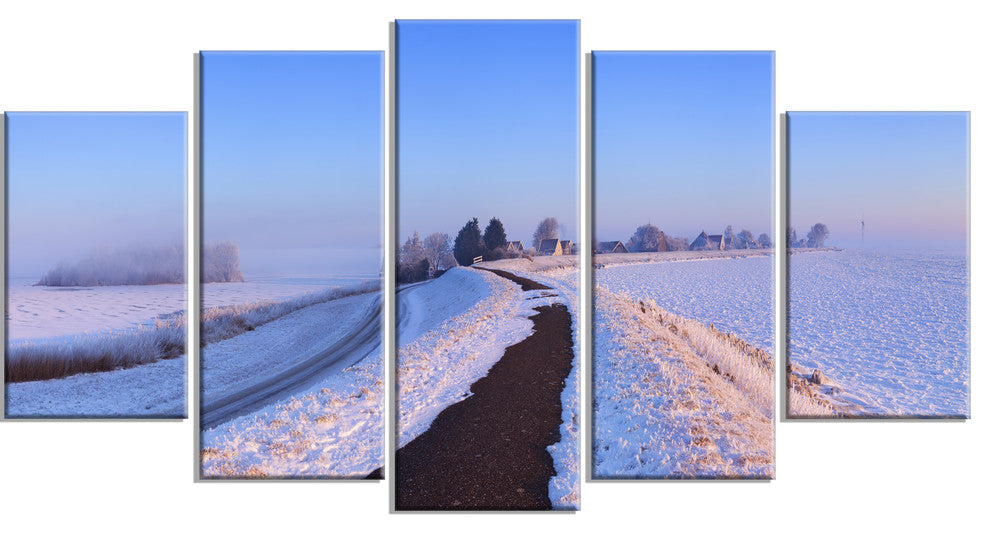 "Lake and Dike At Sunrise Panorama" Landscape Wall Art, 5 Panels, 60"x32"