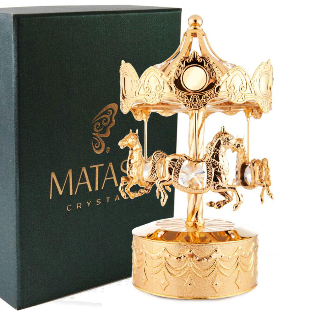 24K Gold Plated Music Box With Crystal Studded Carousel Horse Figurine