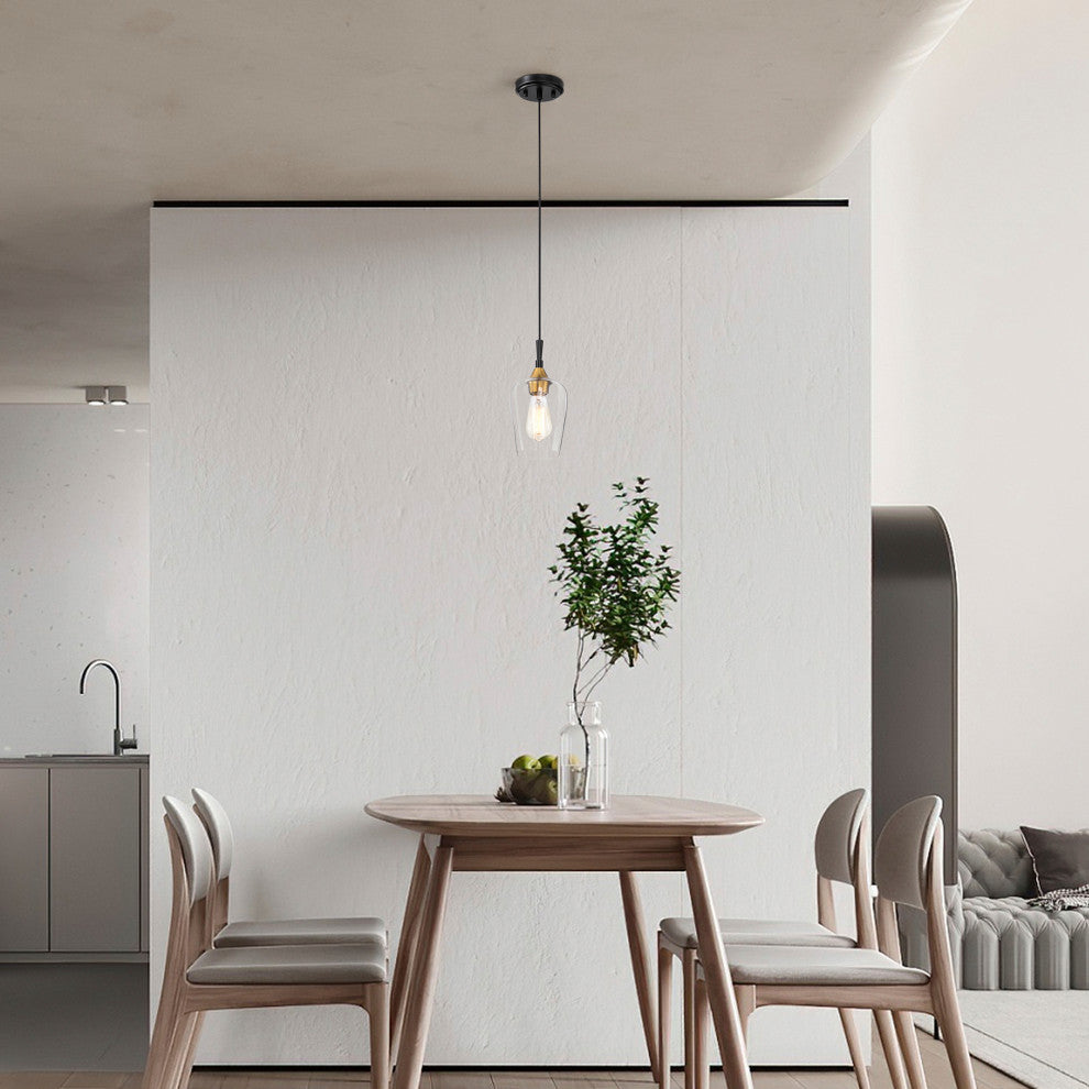1-Light Black and Antique Brass Modern Mini Pendant With Clear Glass Shade