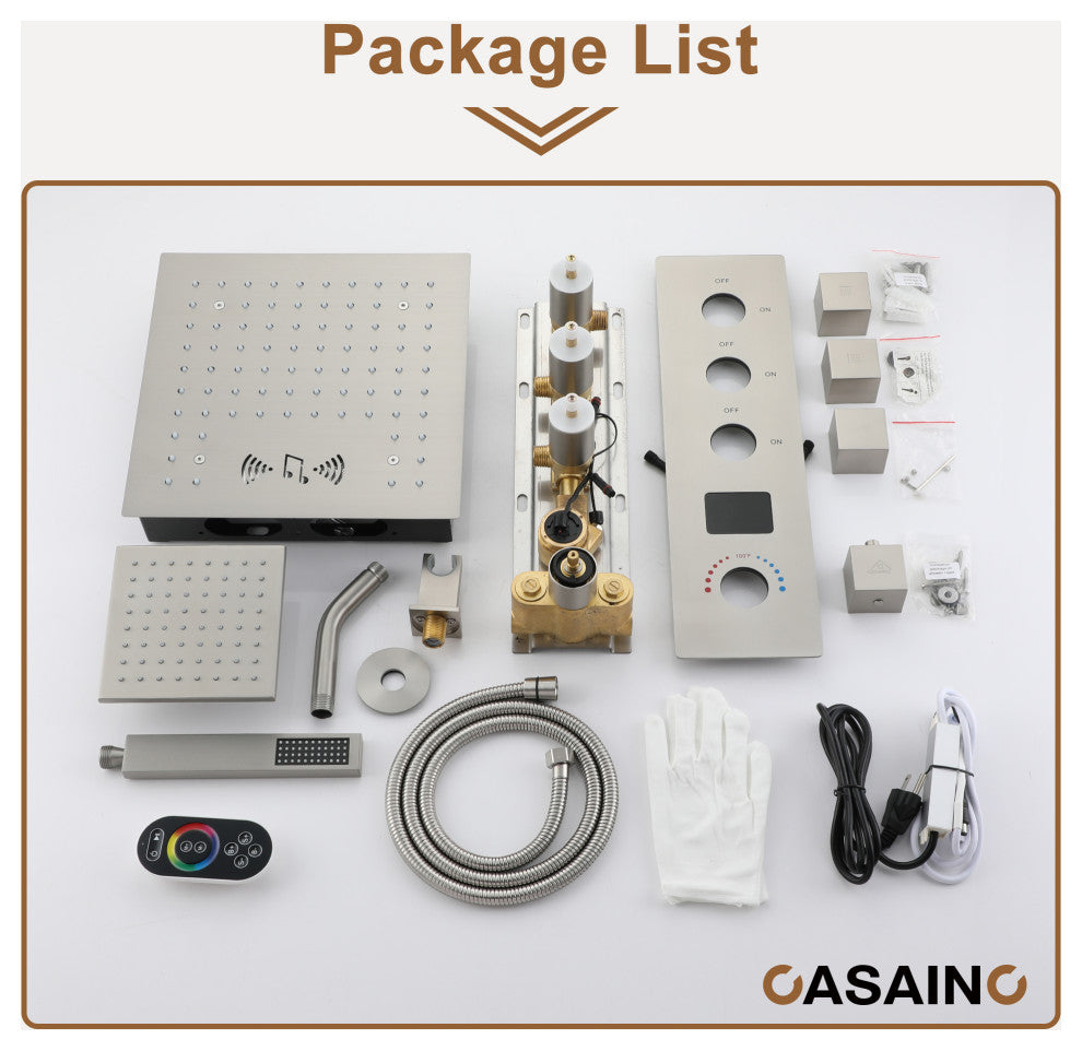 12inch Luxury Shower Dual Shower Head System With LED Light and Bluetooth, Brushed Nickel