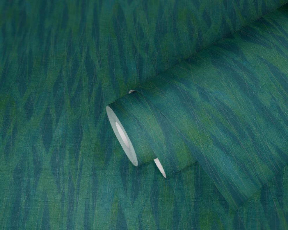 Botanical and Jungle Textured Wallpaper, Grass, Blue Gold Green Metallic, Sample