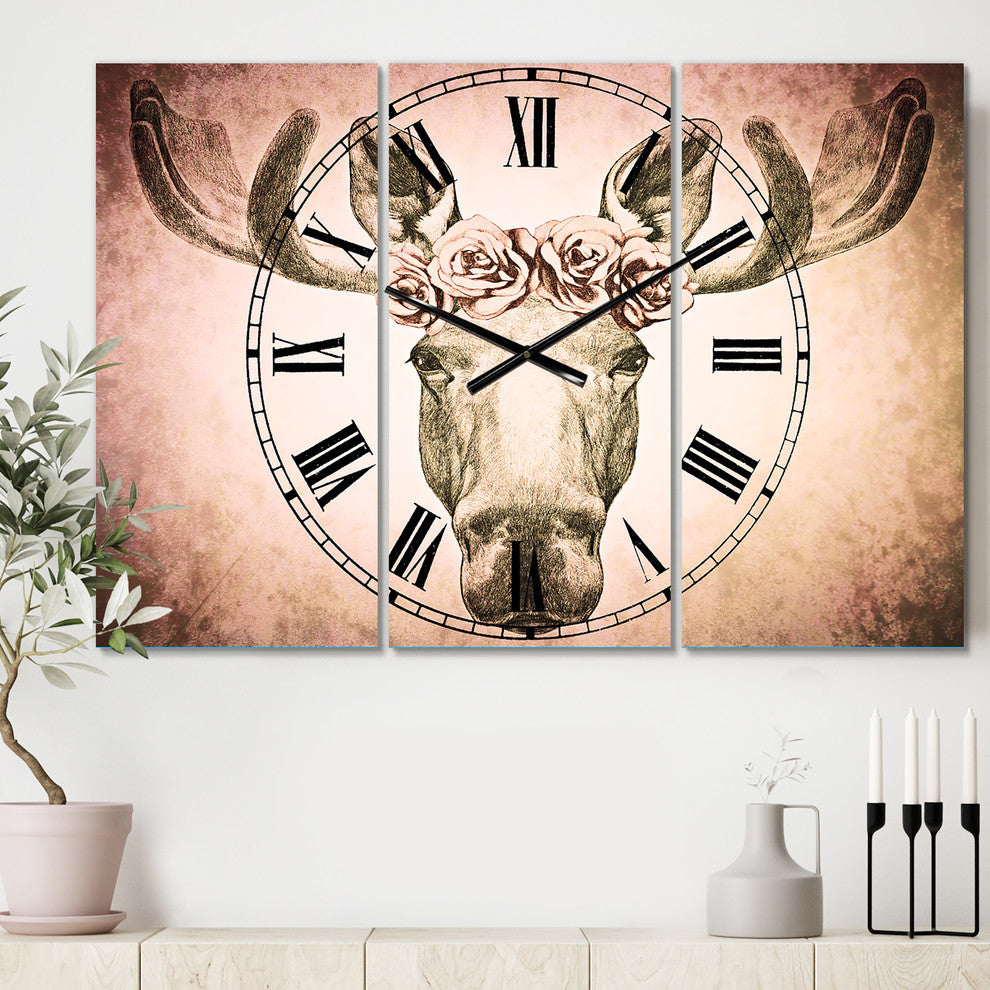 Moose With Floral Head Wreath Traditional 3 Panels Clock