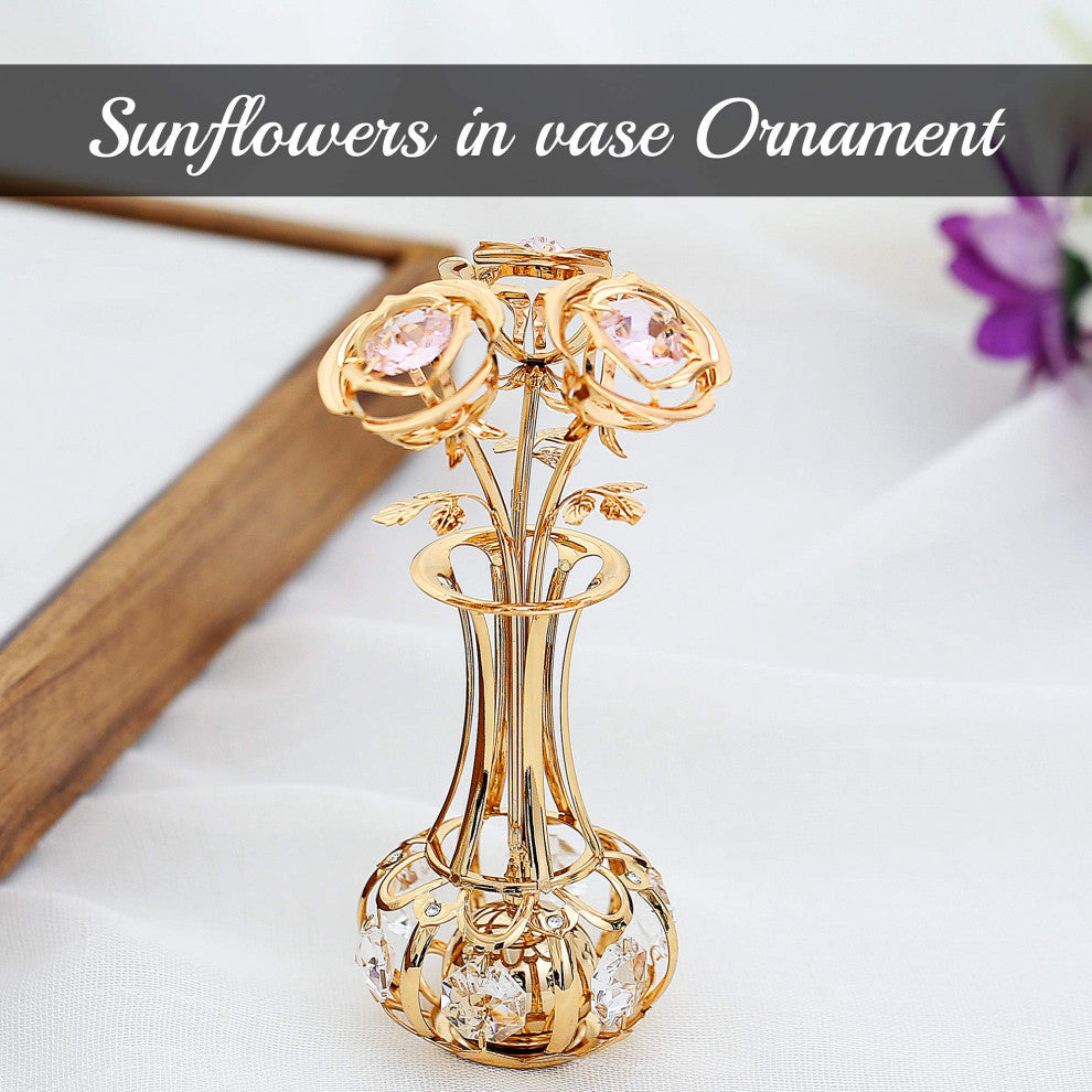 24k Gold Plated Flowers Bouquet and Vase With Pink-Clear Crystals Home Decor