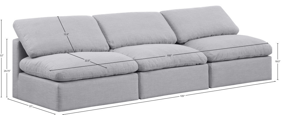 Indulge Upholstered Modular Sofa, Grey, 3-Piece: 3 Armless Chair, Down Stuffed Linen Textured Fabric