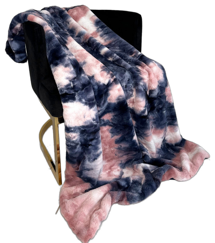 Plutus Pink Navy Fureal Faux Fur Throw Blanket, 96"L x 110"W Queen