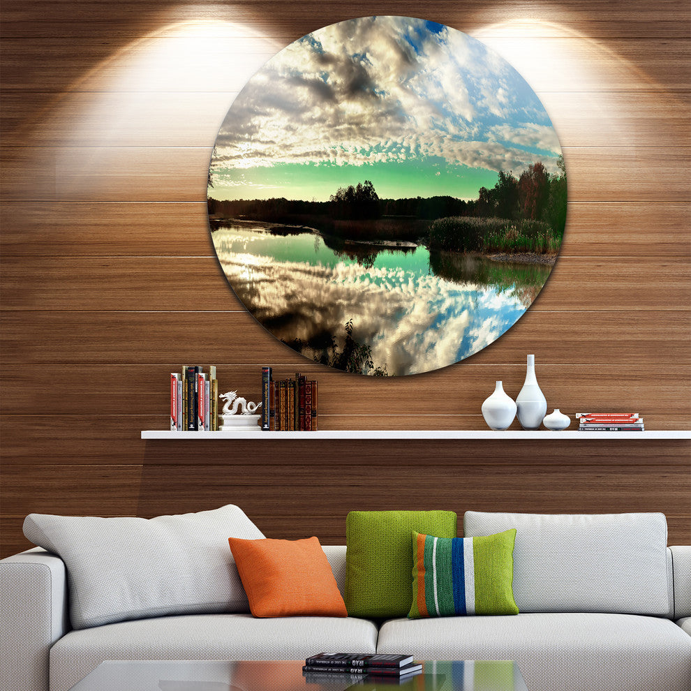 Sky Clouds Mirrored In River Panorama, Landscape Disc Metal Art, 36"