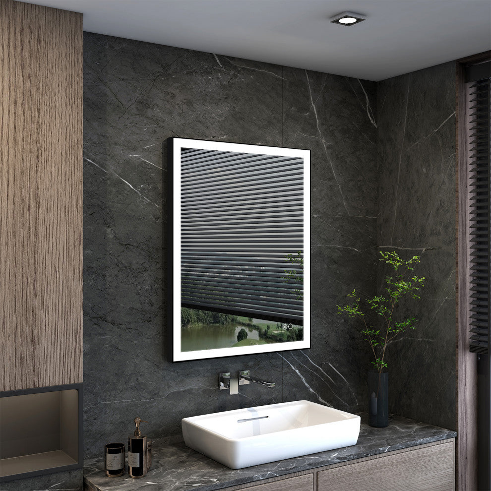 Framed LED Lighted Bathroom Vanity Mirror With Defogger, Matte Black, 28"x36"