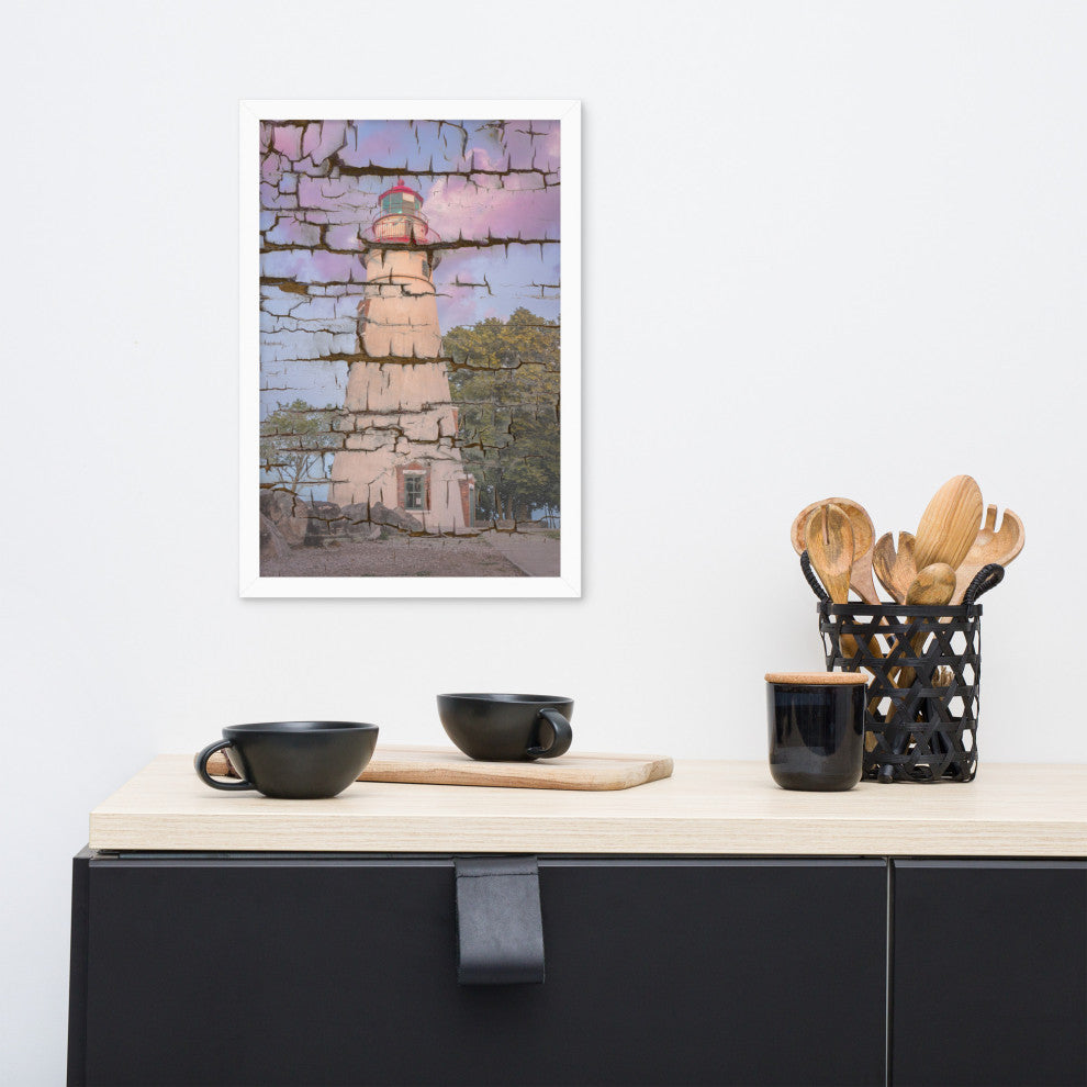 Faux Wood Texture Marblehead Lighthouse at Sunset Framed Photo Wall Art Print, White, 12" X 18"
