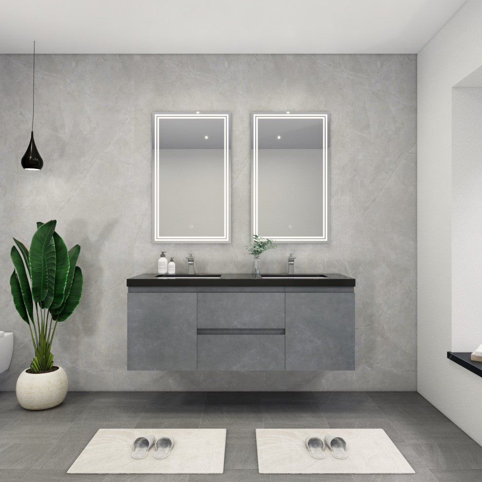 Belli 60" Double Sink Wall Mount Vanity Set, Cement Gray, Matt Black Top