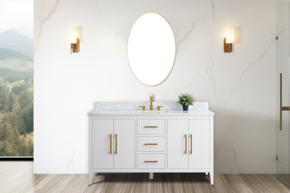 Vanity Art Bathroom Vanity With Sink, White, 60", Single Sink, Golden Brushed