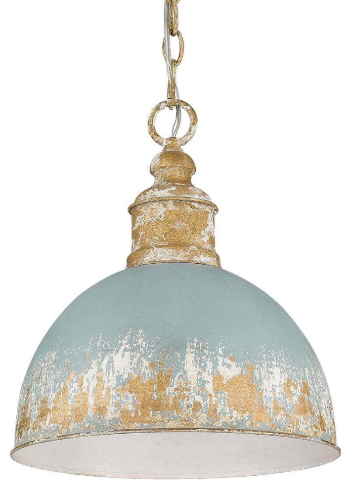 1 Light 12" Pendant, Vintage Gold With Teal Shade